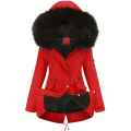 Miniatyrbillede 4 af 6: Fluffy Trim Varm Hættefrakke, Casual Snøre Langærmet Vinterovertøj, Dametøj Red 4XL
