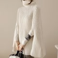 Miniatyrbillede 2 af 5: Dame Mode Kappe Toppe Med Høj Krave Basic Daglig Strik Sweater Cape Stil S Black