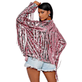 Miniatyrbillede 2 af 5: Dame Sequin Langærmet Jakke, Kvaster Frynser Cardigan Frakke Pink M