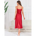 Miniatyrbilde 2 av 5: Solid Satin Slip Nattkjole, Elegant V-hals Ryggløs Spaghettistropp Sovkjole, Dameundertøy & Kjoler Red M