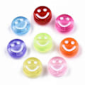 Miniatyrbilde 3 av 3: 100 stk. transparente akrylperler, flate runde med hvitt smilende ansikt, blandet farge, 10x5 mm, hull: 2 mm