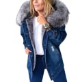 Miniatyrbild 1 av 5: Snygg Parka Retro Plysch Krage Denim Jackor Mode Fleece Fodrad Varm Mid-length 2XL Blue
