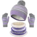 Miniatyrbilde 1 av 5: Sztxj (lilla) 3 i 1 Varmt Lueskjerf Hanskesett for Barn Vinter Tykk Strikket Fleece Pompom Luer med Halsvarmer Skjerf Hansker Gutter Jenter 3-8 År O