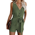 Miniatyrbillede 1 af 5: Dame V-hals Afslappet Kortærmet Linned Shorts Rompers Jumpsuits Green M