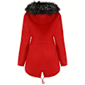 Miniatyrbilde 3 av 6: Varm hettejakke med fluffy kant, avslappet langermet vinterjakke med snøring, dameklær Red 4XL