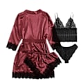 Miniatyrbilde 2 av 3: Dame 4-delt Pyjamas Satin Pyjamas Sett Med Morgenkåpe Red 2XL