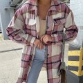 Miniatyrbillede 3 af 5: Dame Casual Revers Knap Ned Lang Frakke Med Brystlomme Plaid Print Åben Front S Pink
