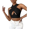 Miniatyrbillede 1 af 4: Dame Crisscross Vest Halter Wrap Crop Top Ensfarvede Cami Tanktoppe black XL