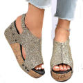 Miniatyrbillede 1 af 5: Sandaler Damer Tyk Sål Retro Sandaler Damer Sequin Nitter Velcro Sandaler Gold EU 38