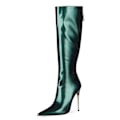 Miniatyrbillede 1 af 3: Dame Patent Læder Pu Høje Støvler Spids Tå Lynlås Bagpå Sexede Stiletstøvler Dark Green 38