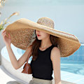 Miniatyrbild 1 av 6: Överdimensionerade strandhattar av halm för kvinnor Extra stor bredbrättad strandhatt hopfällbar rulla upp slapp solhatt sommar utomhus beige