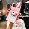 Miniatyrbillede 4 af 4: Unicorn Etui Til Iphone 14 Pro Max 6.7 Med Snor, 3D Tegneserie Design Sødt Elastisk Støtteben Beskyttende Etui, Iphone 14 Pro Max Kawaii Mode
