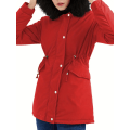 Miniatyrbillede 1 af 6: Fluffy Trim Varm Hættefrakke, Casual Snøre Langærmet Vinterovertøj, Dametøj Red 4XL