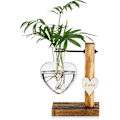 Pikkukuva 1 / 5: Lasinen kasviterrario puisella jalustalla, luovat kaksoissydänlasiset hydroponiset maljakot 1Heart Vase