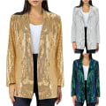 Miniatyrbillede 2 af 5: Kvinders Sequin Jakke Blazer Casual Åben Front Frakke Green L