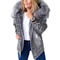 Miniatyrbilde 1 av 5: Stilig Parka Retro Plysjkrage Denimjakker Mote Fleeceforet Varm Mellomlang 4XL Gray