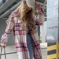 Miniatyrbillede 5 af 5: Dame Casual Revers Knap Ned Lang Frakke Med Brystlomme Plaid Print Åben Front L Pink