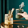 Miniatyrbillede 3 af 5: 2-delt Makeupbørsteholder Organizer, Akryl Guld Makeupbørsteholder Beholder til Badeværelsesbordplader, Børsteholder Makeupkopper