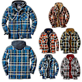 Miniatyrbilde 2 av 3: Quiltet Tykk Rutete Langermet Løs Jakke Herre Hettegenser Quiltet Foret Flanell Hette Full-zip Skjortejakke L Red