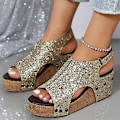 Miniatyrbillede 2 af 5: Sandaler Damer Tyk Sål Retro Sandaler Damer Sequin Nitter Velcro Sandaler Gold EU 41