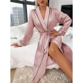 Miniatyrbilde 5 av 5: Solid Satin Morgenkåpe, Elegant Langermet V-hals Kåpe Med Belte, Dame Nattøy Pink L