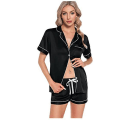 Miniatyrbild 2 av 5: Dam 4-delad pyjamas set, siden satin nattkläder sexig cami Black L