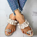 Miniatyrbilde 3 av 5: Sandaler for kvinner, flate, avslappede slippers med ringtå, strandsko Beige 39