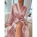 Miniatyrbild 3 av 5: Satin Nattrock, Elegant Långärmad V-ringad Rock Med Bälte, Dam Sovkläder Pink XL