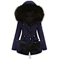 Miniatyrbilde 4 av 6: Varm hettejakke med fluffy kant, avslappet langermet vinterjakke med snøring, dameklær Dark blue 4XL