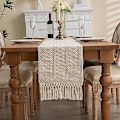 Miniatyrbilde 4 av 5: Boho Bordløper For Hjemmeinnredning, Rustikk Bordløper i Gårdshusstil Med Dusker Beige 33x330cm