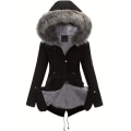 Miniatyrbillede 4 af 6: Fluffy Trim Varm Hættefrakke, Casual Snøre Langærmet Vinterovertøj, Dametøj black 2XL