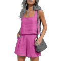 Pikkukuva 1 / 5: Naisten 2-osaiset asut yhteensopivat setit, pellavashortsit Crop Topit set Rose red L