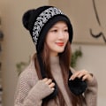Miniatyrbild 6 av 8: Dam vinter Peruvian öronbeklädnad Beanie Hat Öronklaffar Sherpa Skidmössa Stickad Fleecefodrad 3 Pom Black One Size