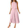 Miniatyrbilde 1 av 5: Roylamp sommerantrekk for kvinner i 2 deler Rundhalset Crop Basic Topp Beskåret buksesett med brede ben, Jumpsuits Pink Purple Medium