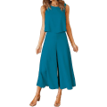 Miniatyrbild 1 av 5: Roylamp Women's Summer 2-delade outfits Rundhalsad Crop Basic Top Beskuren Byxa Set med vida ben Jumpsuits Lake Blue Medium