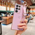Miniatyrbilde 2 av 4: Etui til Samsung Galaxy S24 Ultra med håndleddsstropp og kickstand, kjærlighetshjertemønster, forgylt kant, myk TPU støtsikker deksel for kvinner White For Galaxy S24 Ultra