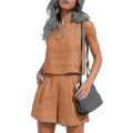 Miniatyrbillede 1 af 5: Kvinder 2-delt outfits Matchende sæt, linned shorts Crop tops sommerferie sæt Brown 2XL