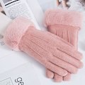 Miniatyrbilde 4 av 4: Høst og vinter varme hansker Semsket skinn hansker Dame fleece-fôret tykk utendørs sykling og kjøring berøringsskjerm hansker Suede three-line-khaki Average size