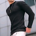 Miniatyrbillede 1 af 3: Vaffelstrikket herre pullover med rund hals, trendy sportsfritids løs strikket langærmet sweatshirt Black M