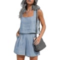 Miniatyrbillede 1 af 5: Kvinder 2-delt outfits Matchende sæt, linned shorts Crop tops sommerferie sæt Blue 2XL