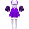 Miniatyrbillede 1 af 5: Pige Cheerleading Uniform Dansekostume Børn Cheerleader Outfit Rund Halsudskæring Patchwork Stil Dansekjole Blomst og Sokker purple 3-4 Years