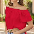 Miniatyrbillede 5 af 7: Kvinde Solid Farve Kortærmet Ruffle Trim Off Shoulder Løs Sommer Bluse Rød