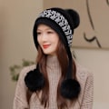 Miniatyrbild 8 av 8: Dam vinter Peruvian öronbeklädnad Beanie Hat Öronklaffar Sherpa Skidmössa Stickad Fleecefodrad 3 Pom Black One Size