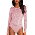 Miniatyrbilde 1 av 5: Dame Rund Hals Paljett Jumpsuit Ryggløs Ensfarget Langermet Body Mote Jumpsuit Rosa L style1966