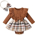 Miniatyrbillede 1 af 6: Babypige Efterårs- og Vintertøjssæt - Plaid Romper Kjole med Ruffler, Langærmet, Jumpsuit med Buespænd 12-18M