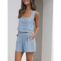 Pikkukuva 3 / 5: Naisten 2-osaiset asut yhteensopivat setit, pellavashortsit Crop Topit set Blue 2XL
