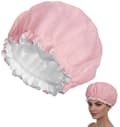 Duschmössor för kvinnor, rosa EVA- och mikrofibermössa med frottéfoder för kvinnor och män, återanvändbar vattentät elastisk bad- och spa-mössa (rosa)