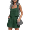 Miniatyrbilde 1 av 5: Kvinner 2-delt antrekk Matchende sett, linshorts Crop Tops Sommerferiesett Drk green XL