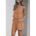Miniatyrbillede 3 af 5: Kvinder 2-delt outfits Matchende sæt, linned shorts Crop tops sommerferie sæt Brown L