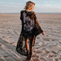 Miniatyrbild 3 av 4: Kvinnors spets Cardigan Blommig Virkad Skir Beach Cover Ups Lång Kimono black